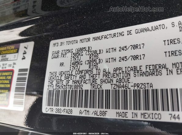 3TYLD5KN3ST018892 2025 TOYOTA TACOMA Black Engine compartment view