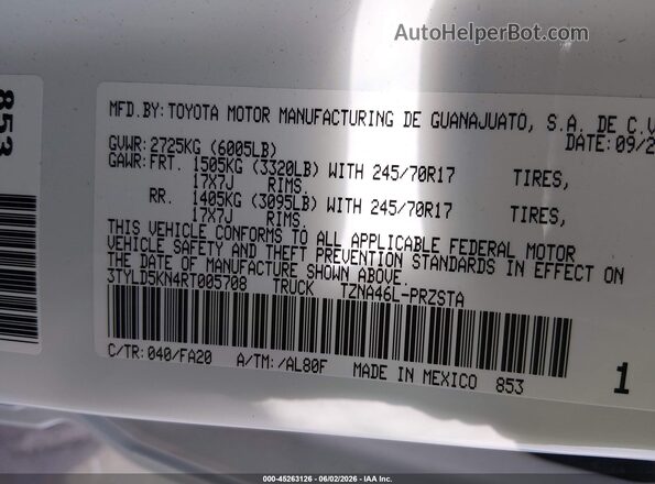 3TYLD5KN4RT005708 2024 TOYOTA TACOMA White Engine compartment view