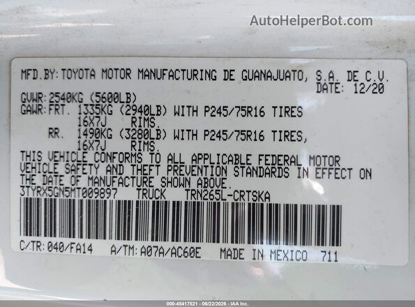 3TYRX5GN5MT009897 2021 TOYOTA TACOMA White ძრავის განყოფილების ხედი