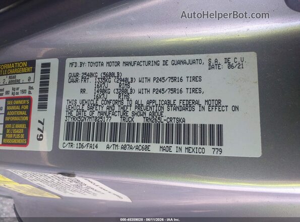 3TYRX5GN7MT025177 2021 TOYOTA TACOMA Silver Շարժիչի բաժամունքի տեսք