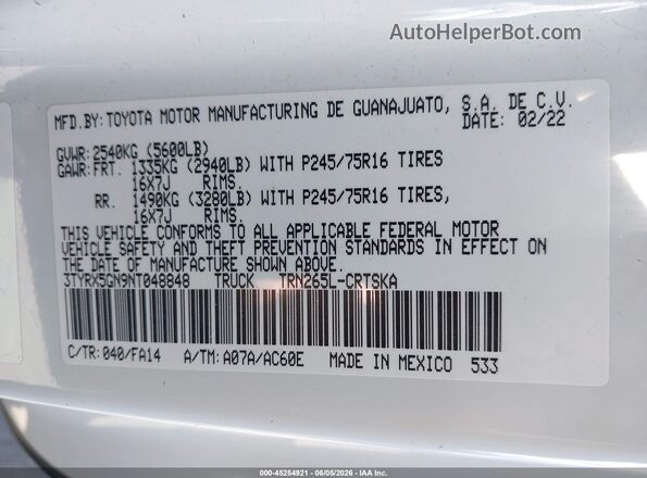 3TYRX5GN9NT048848 2022 TOYOTA TACOMA White Շարժիչի բաժամունքի տեսք