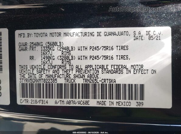 3TYRX5GNXMT022385 2021 TOYOTA TACOMA Black Вид підкапотного простору