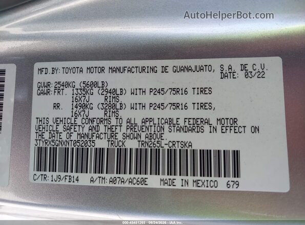3TYRX5GNXNT052035 2022 TOYOTA TACOMA Серебряный Вид подкапотного пространства