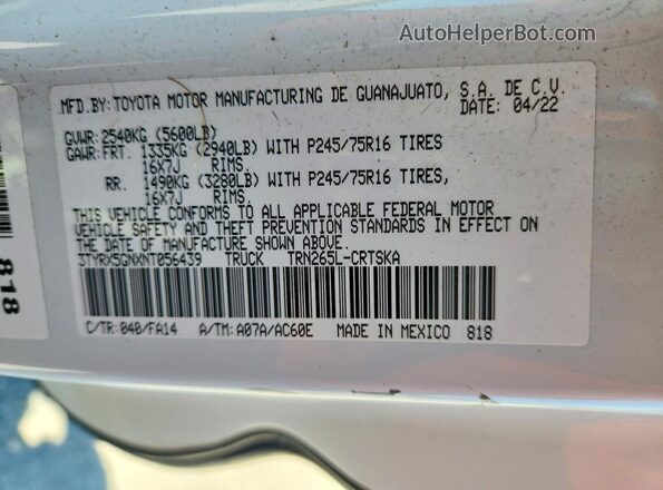 3TYRX5GNXNT056439 2022 TOYOTA TACOMA White 