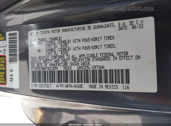 3TYRZ5CN0NT021859 2022 TOYOTA TACOMA Серый Вид подкапотного пространства