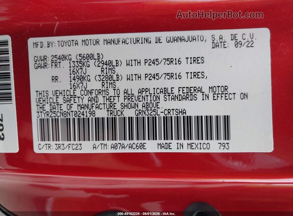 3TYRZ5CN8NT024198 2022 TOYOTA TACOMA Red Engine compartment view