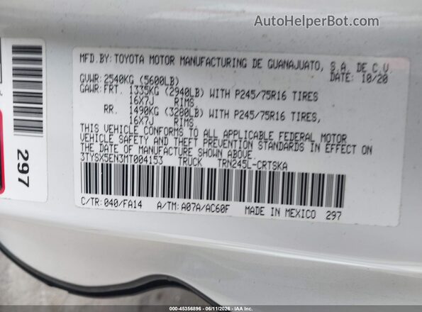 3TYSX5EN3MT004153 2021 TOYOTA TACOMA White ძრავის განყოფილების ხედი