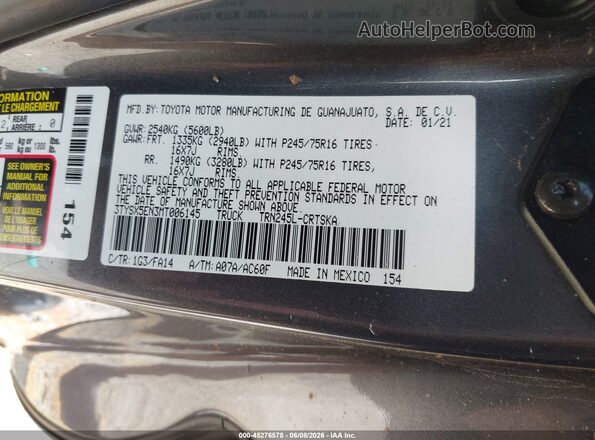 3TYSX5EN3MT006145 2021 TOYOTA TACOMA Gray ძრავის განყოფილების ხედი