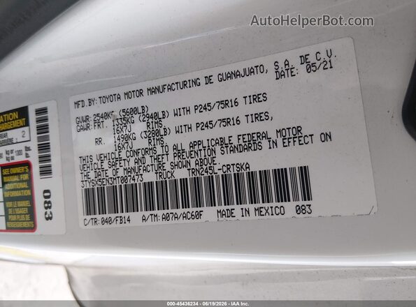 3TYSX5EN3MT007473 2021 TOYOTA TACOMA White Engine compartment view