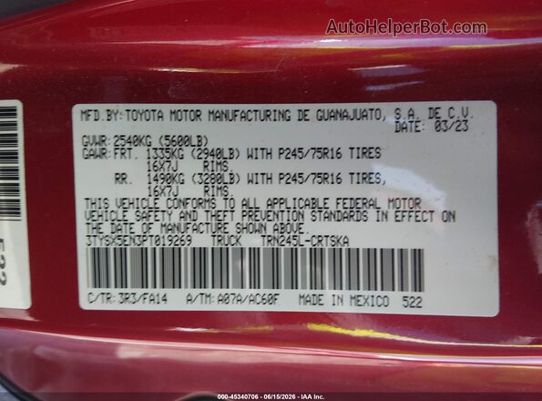 3TYSX5EN3PT019269 2023 TOYOTA TACOMA Red Vista del compartimento del motor