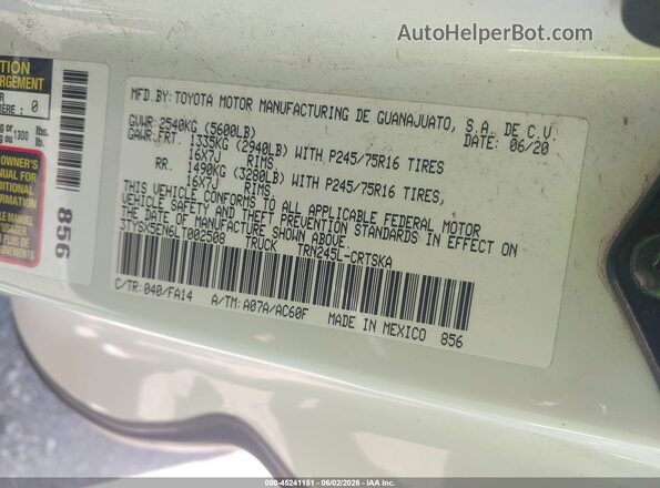 3TYSX5EN6LT002508 2020 TOYOTA TACOMA White Vista del compartimento del motor
