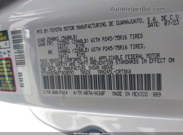 3TYSX5EN6PT020593 2023 TOYOTA TACOMA White Vista del compartimento del motor