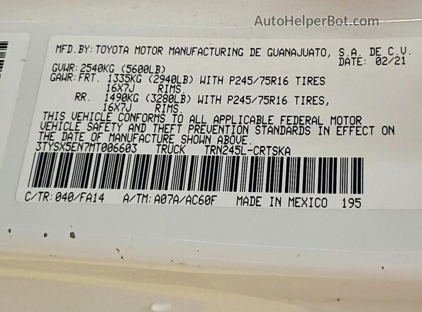 3TYSX5EN7MT006603 2021 TOYOTA TACOMA White Vista del compartimento del motor