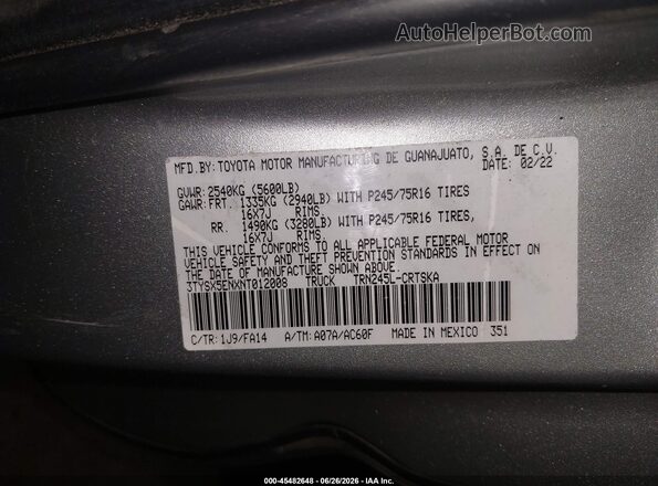 3TYSX5ENXNT012008 2022 TOYOTA TACOMA Silver Engine compartment view