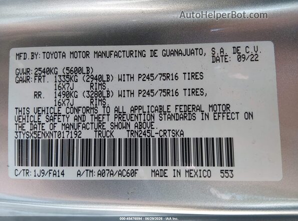 3TYSX5ENXNT017192 2022 TOYOTA TACOMA Silver Вид підкапотного простору