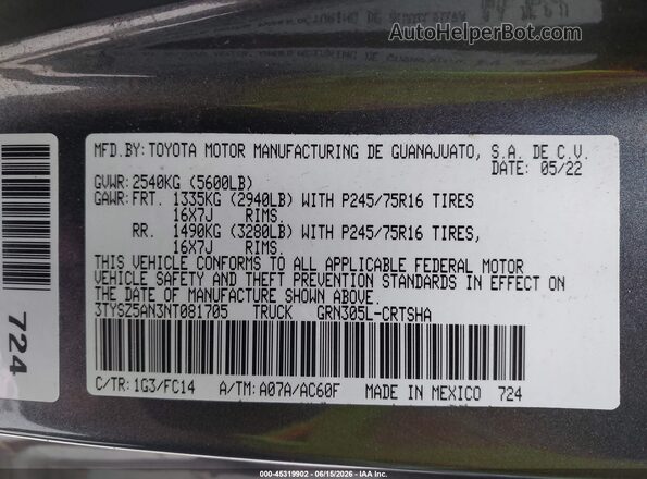 3TYSZ5AN3NT081705 2022 TOYOTA TACOMA Gray Շարժիչի բաժամունքի տեսք