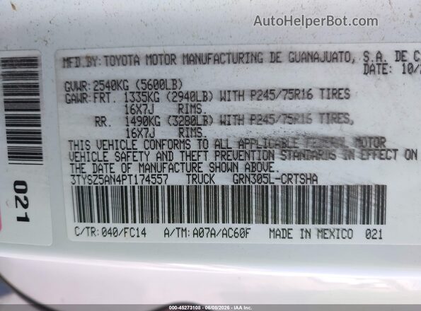 3TYSZ5AN4PT174557 2023 TOYOTA TACOMA White Շարժիչի բաժամունքի տեսք
