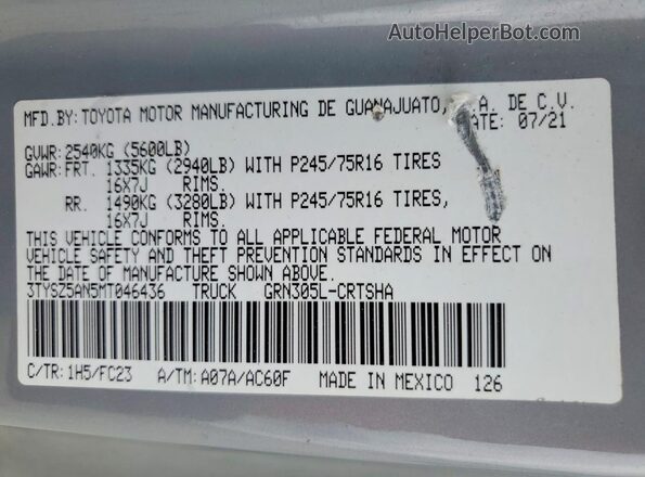 3TYSZ5AN5MT046436 2021 TOYOTA TACOMA Gray Widok komory silnika