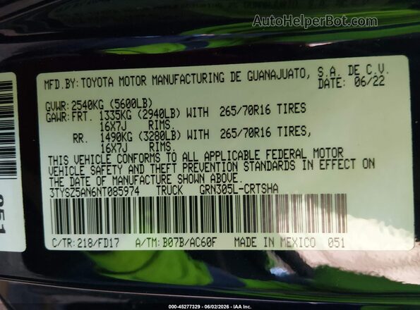 3TYSZ5AN6NT085974 2022 TOYOTA TACOMA Black Вид підкапотного простору
