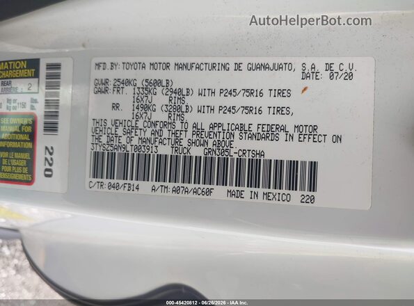 3TYSZ5AN9LT003913 2020 TOYOTA TACOMA White Вид підкапотного простору