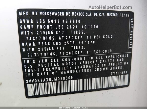 3VV0B7AX0JM098509 2018 VOLKSWAGEN TIGUAN Белый Вид подкапотного пространства