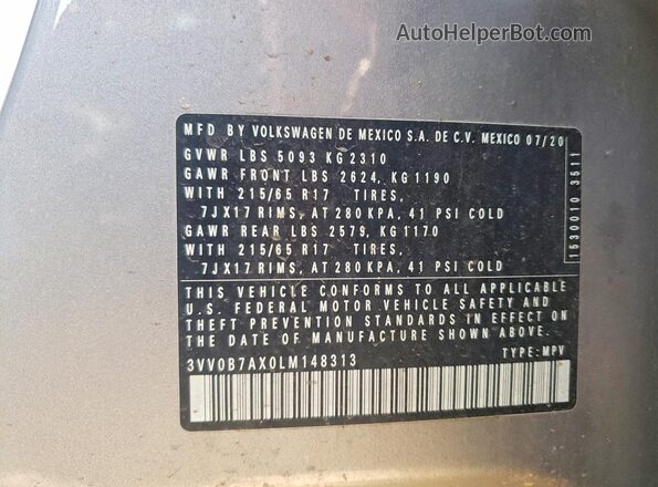 3VV0B7AX0LM148313 2020 VOLKSWAGEN TIGUAN Silver 