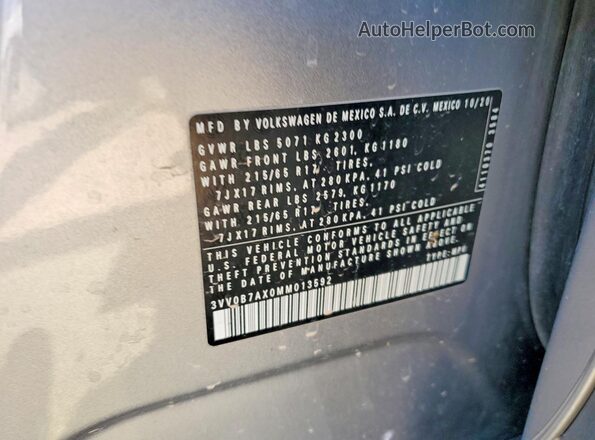3VV0B7AX0MM013592 2021 VOLKSWAGEN TIGUAN Серебряный Вид наклейки с VIN-кодом
