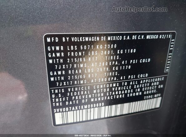 3VV0B7AX1KM099699 2019 VOLKSWAGEN TIGUAN Silver Շարժիչի բաժամունքի տեսք