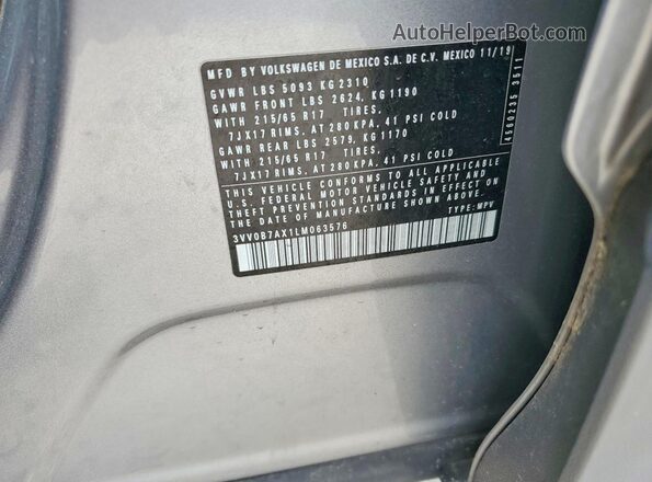 3VV0B7AX1LM063576 2020 VOLKSWAGEN TIGUAN Серебряный 