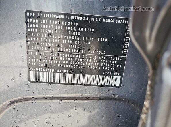 3VV0B7AX1LM144089 2020 VOLKSWAGEN TIGUAN Blue Widok naklejki z numerem VIN