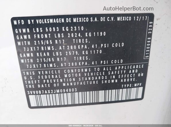 3VV0B7AX2JM094803 2018 VOLKSWAGEN TIGUAN Белый Вид подкапотного пространства