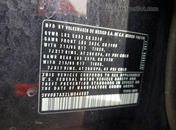 3VV0B7AX2LM044597 2020 VOLKSWAGEN TIGUAN Black 
