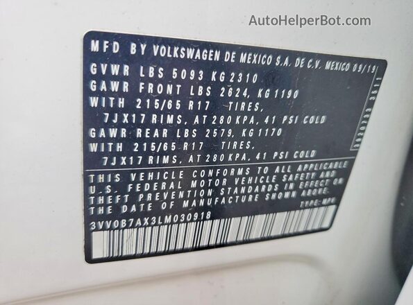 3VV0B7AX3LM030918 2020 VOLKSWAGEN TIGUAN White VIN კოდის სტიკერის ხედი
