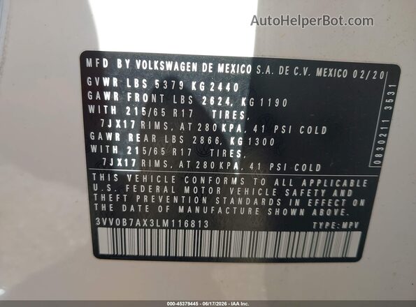 3VV0B7AX3LM116813 2020 VOLKSWAGEN TIGUAN White Engine compartment view