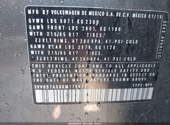3VV0B7AX6KM178477 2019 VOLKSWAGEN TIGUAN Gray Widok komory silnika