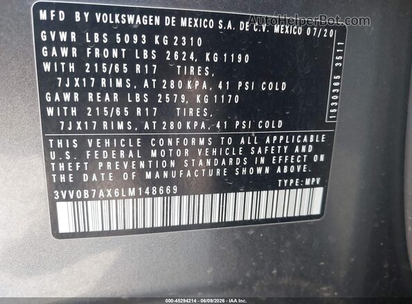 3VV0B7AX6LM148669 2020 VOLKSWAGEN TIGUAN Gray Widok komory silnika