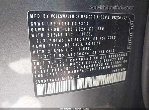 3VV0B7AX7JM095512 2018 VOLKSWAGEN TIGUAN Gray Շարժիչի բաժամունքի տեսք