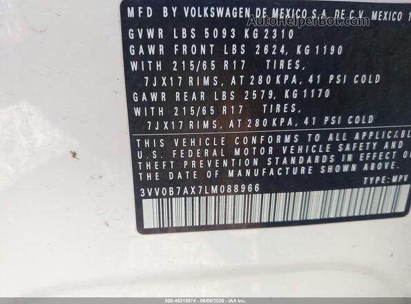 3VV0B7AX7LM088966 2020 VOLKSWAGEN TIGUAN White Vista del compartimento del motor