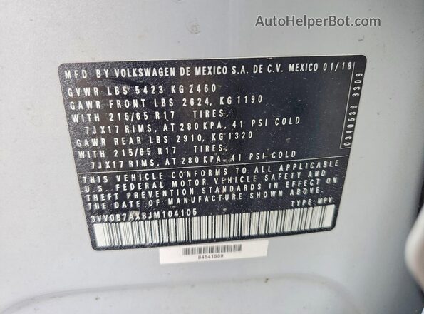 3VV0B7AX8JM104105 2018 VOLKSWAGEN TIGUAN Gray Vista de la etiqueta del VIN