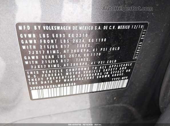 3VV0B7AX8LM088569 2020 VOLKSWAGEN TIGUAN Silver Vista del compartimento del motor
