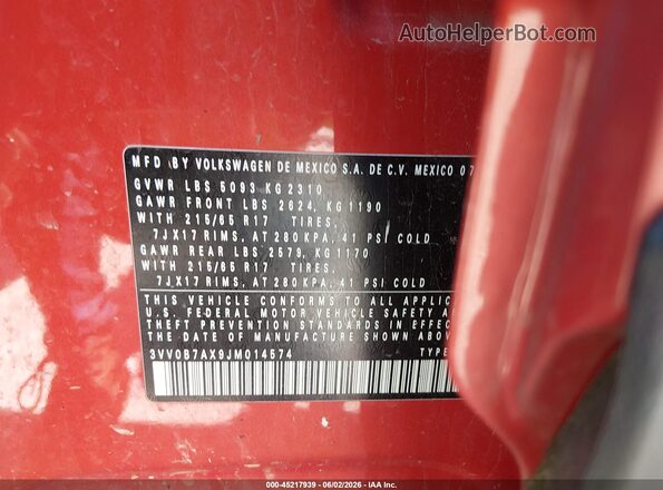 3VV0B7AX9JM014574 2018 VOLKSWAGEN TIGUAN Красный Вид подкапотного пространства