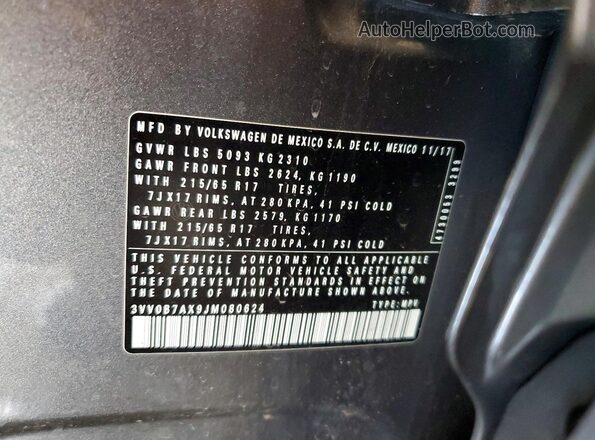 3VV0B7AX9JM080624 2018 VOLKSWAGEN TIGUAN Charcoal Вид наклейки з VIN-кодом