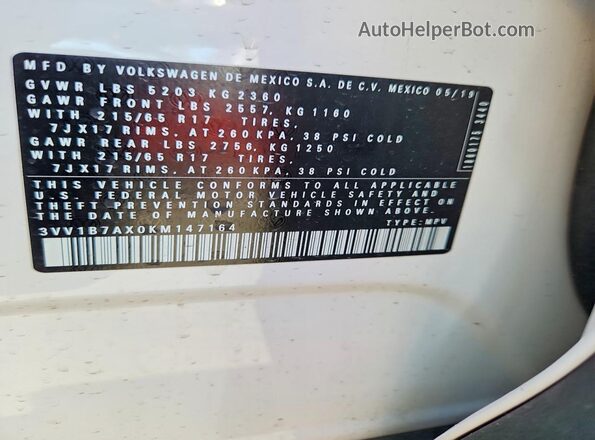 3VV1B7AX0KM147164 2019 VOLKSWAGEN TIGUAN White 