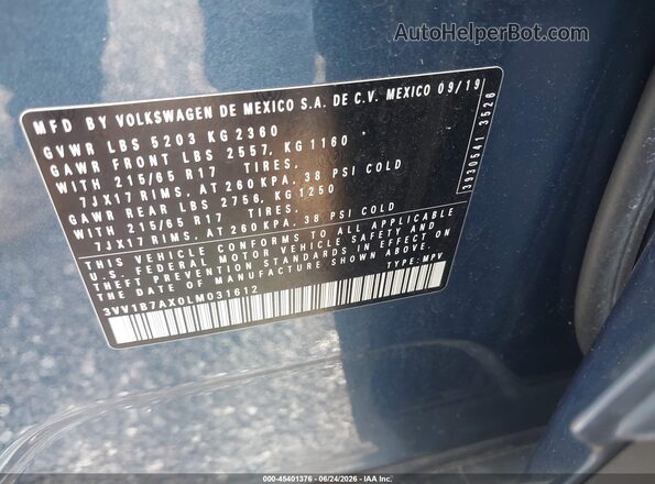 3VV1B7AX0LM031612 2020 VOLKSWAGEN TIGUAN Blue Շարժիչի բաժամունքի տեսք