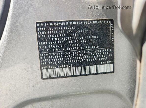 3VV1B7AX1LM047527 2020 VOLKSWAGEN TIGUAN Silver VIN sticker view