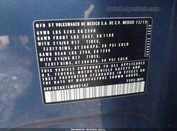 3VV1B7AX1LM082147 2020 VOLKSWAGEN TIGUAN Blue Vista del compartimento del motor