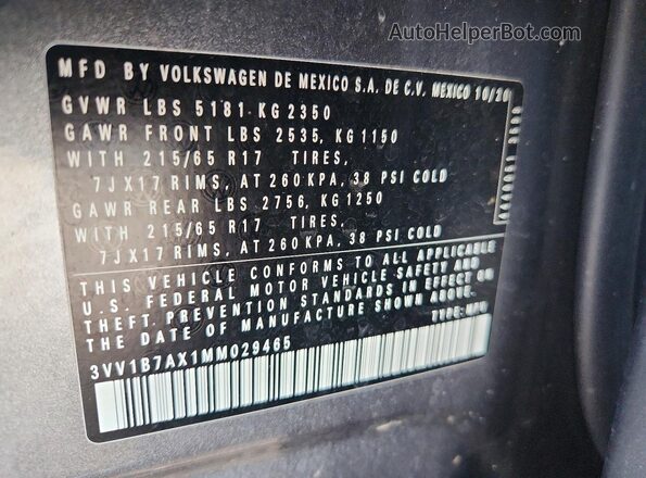 3VV1B7AX1MM029465 2021 VOLKSWAGEN TIGUAN Gray VIN sticker view