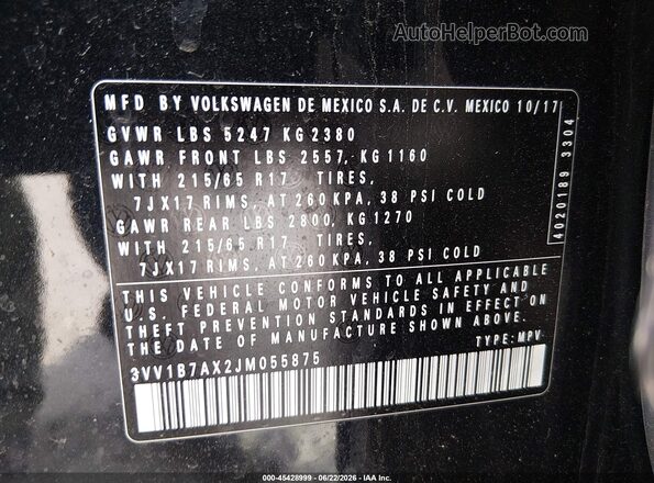 3VV1B7AX2JM055875 2018 VOLKSWAGEN TIGUAN Black Vista del compartimento del motor