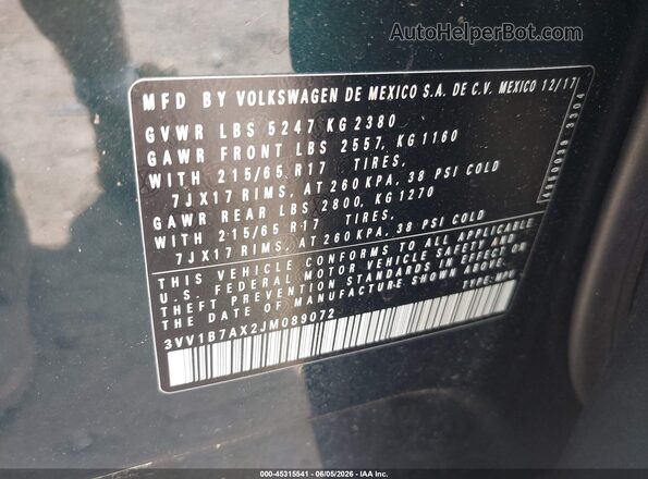 3VV1B7AX2JM089072 2018 VOLKSWAGEN TIGUAN Зеленый Вид подкапотного пространства