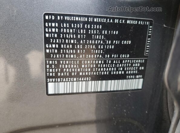 3VV1B7AX2KM144492 2019 VOLKSWAGEN TIGUAN Gray 360 interior view